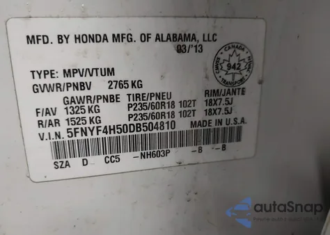 2013 Honda Pilot Ex-L from USA, damaged, VIN 5FNYF4H50DB504810